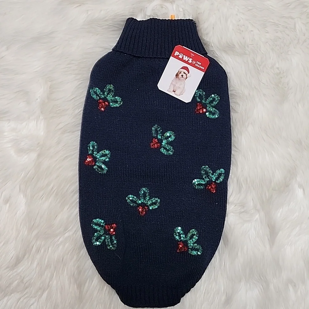 Navy Blue Christmas Pet Dog Sweater with Green & Red Holly Large New with Tags